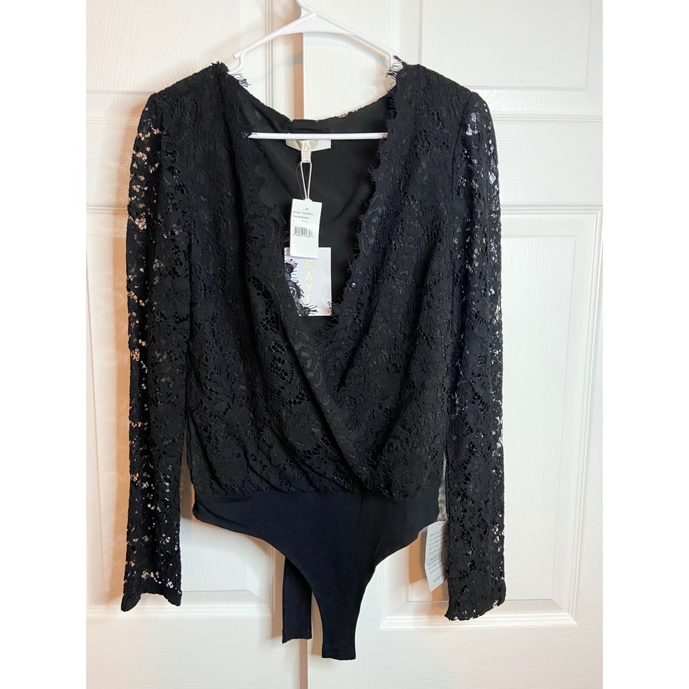 WAYF Black Lace Long Sleeve V-Neck Bodysuit NWT Whimsigoth